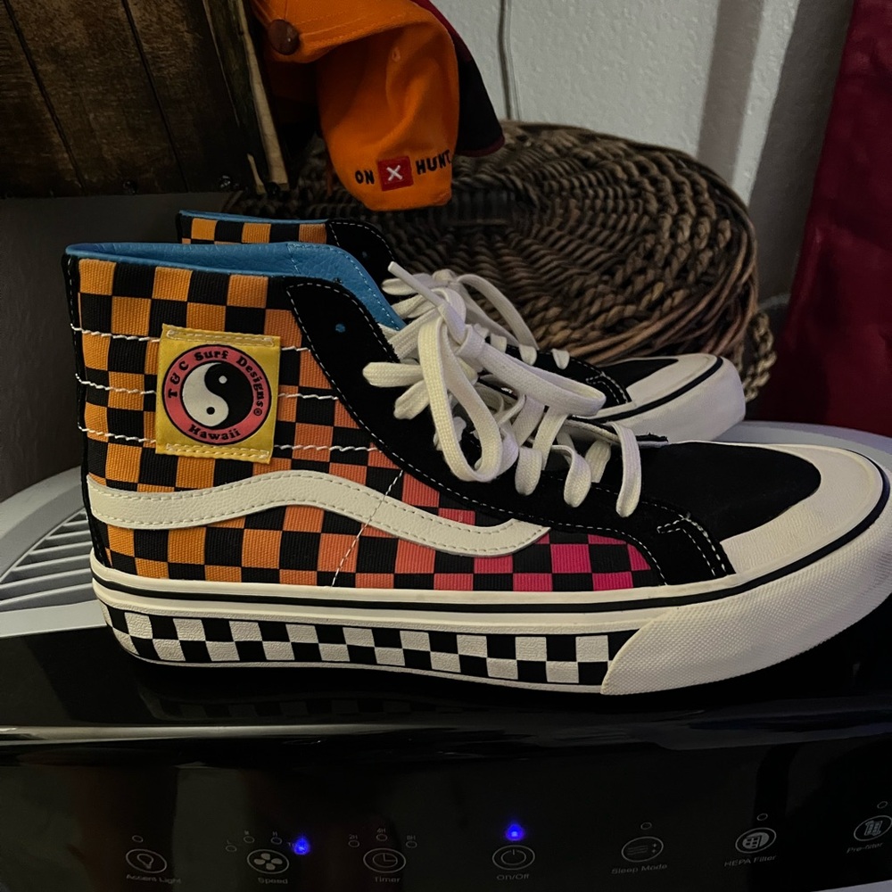 Vans Black and Orange Checkerboard High-Top Sneakers